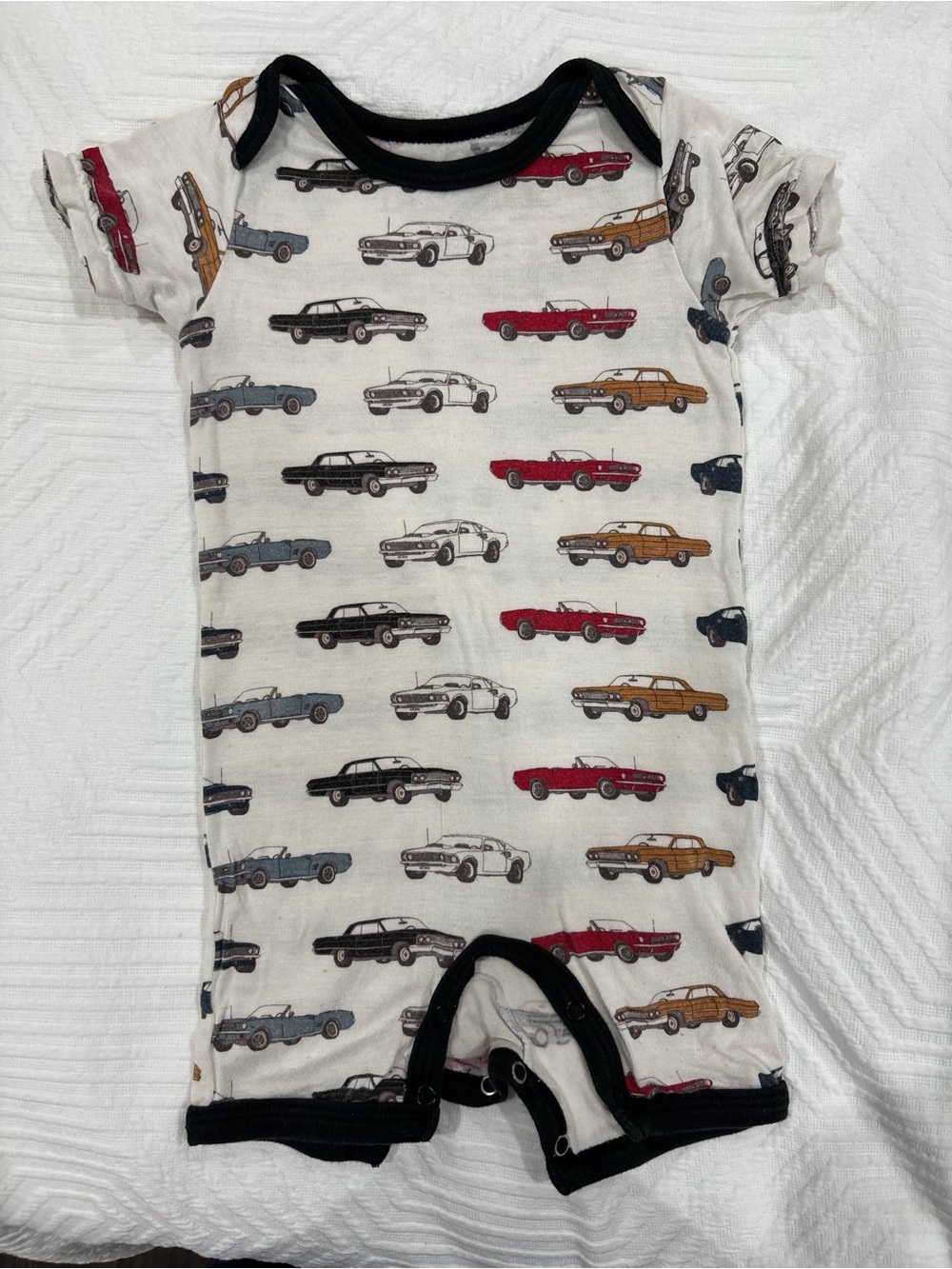 Baby Car Print Short Romper - White with Multi Colored Cars